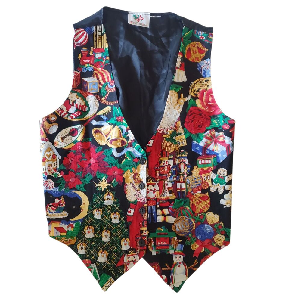 VTG Nutcracker Christmas Vest Santa Ornaments Toys Bold Print S/M Holiday Party